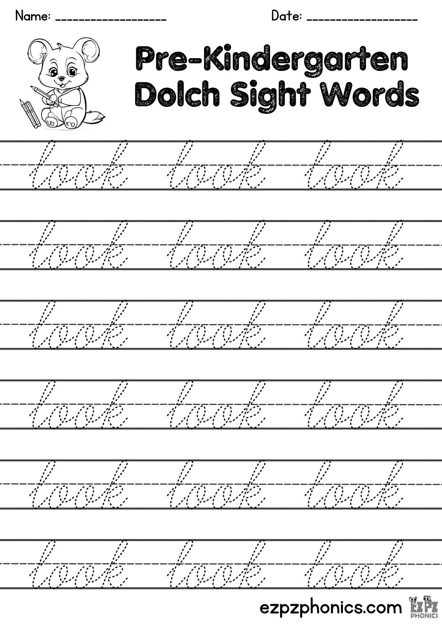 The Word Look Cursive Writing Practice – Pre-K Dolch Sight Words Free PDF Download
